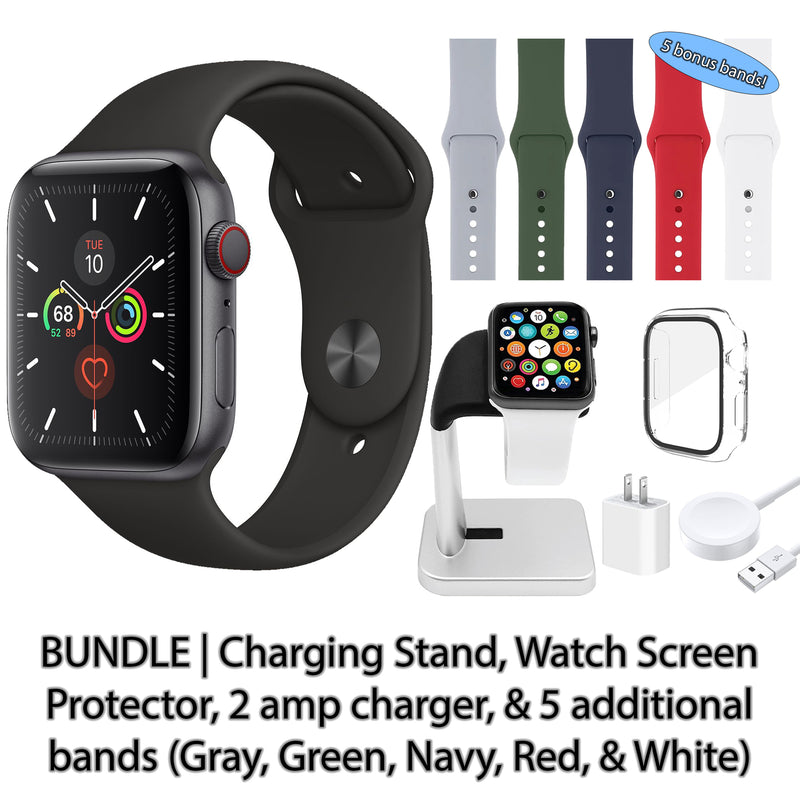 Restored Apple Watch Series 5 (GPS) Bundle 5 Bonus Bands, Charging Stand, Screen Protector, & 2 amp charger (Refurbished)