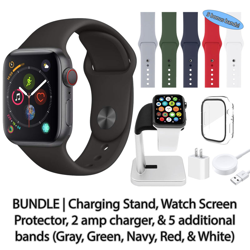Restored Apple Watch Series 4 (GPS) Bundle 5 Bonus Bands, Charging Stand, Screen Protector, & 2 amp charger (Refurbished)