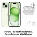 Restored Apple iPhone 15 Fully Unlocked Bundle: Bluetooth Headphones, Screen Protector, & Wall Charger (Refurbished)
