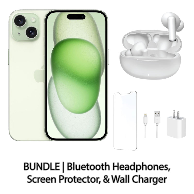 Restored Apple iPhone 15 Fully Unlocked Bundle: Bluetooth Headphones, Screen Protector, & Wall Charger (Refurbished)