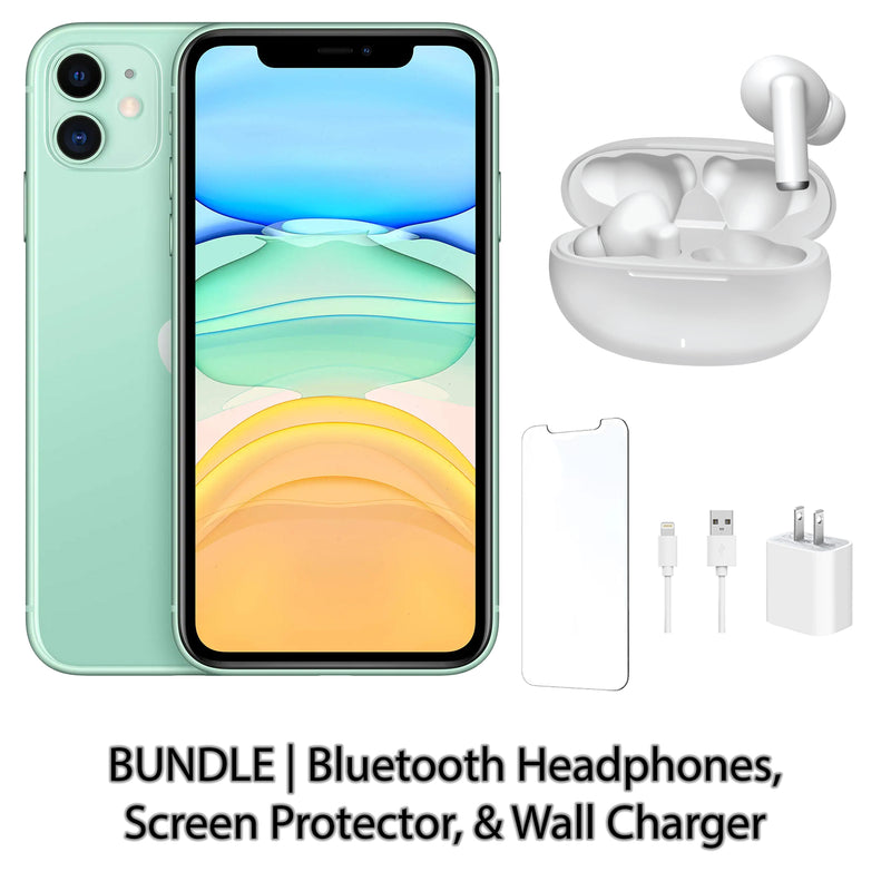Restored Apple iPhone 11 Fully Unlocked Bundle: Bluetooth Headphones, Screen Protector, & Wall Charger (Refurbished)