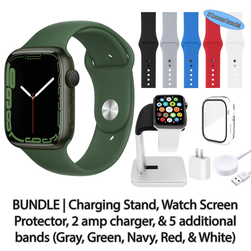 Restored Apple Watch Series 7 (GPS) Bundle 5 Bonus Bands, Charging Stand, Screen Protector, & 2 amp charger (Refurbished)