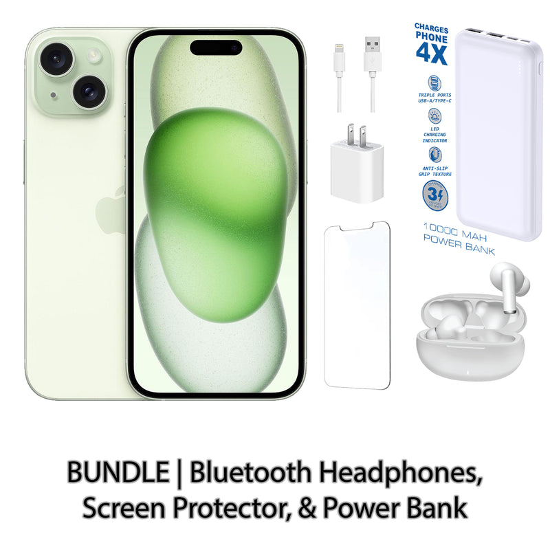 Restored Apple iPhone 15 Fully Unlocked Bundle with 10,000 mAh Powerbank & Bluetooth Headphones (Refurbished)