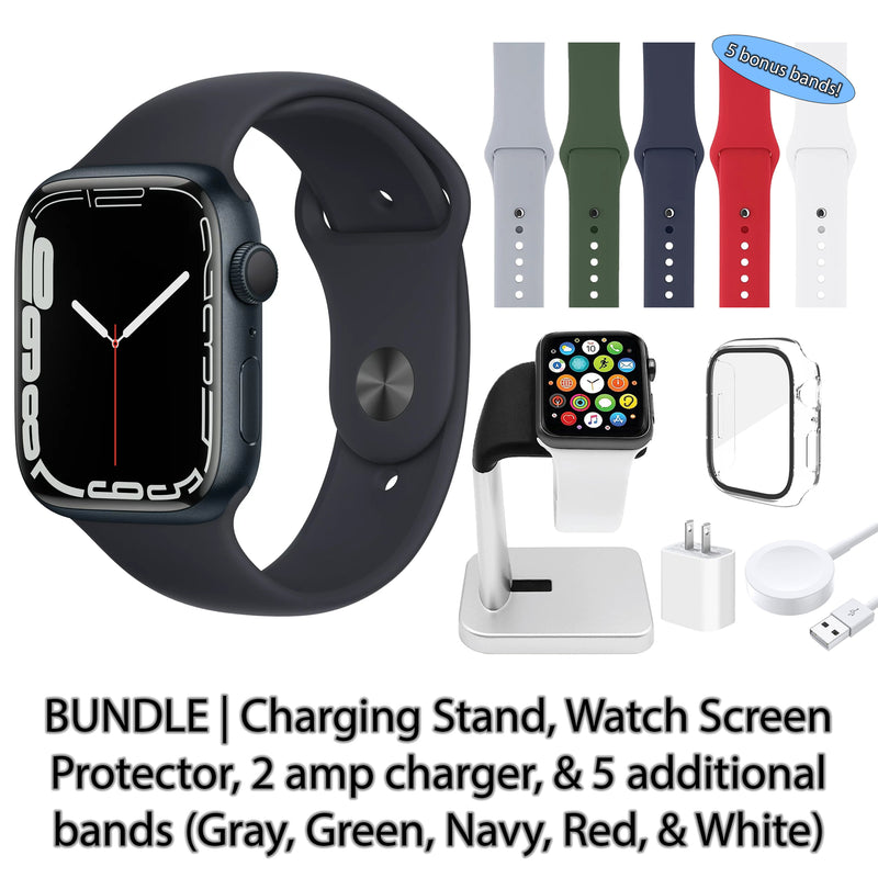 Restored Apple Watch Series 7 (GPS) Bundle 5 Bonus Bands, Charging Stand, Screen Protector, & 2 amp charger (Refurbished)