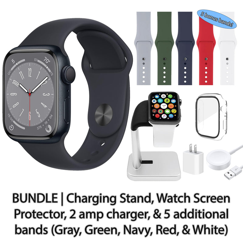 Restored Apple Watch Series 8 (GPS + Cellular) Bundle 5 Bonus Bands, Charging Stand, Screen Protector, & 2 amp charger (Refurbished)