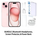 Restored Apple iPhone 15 Fully Unlocked Bundle with 10,000 mAh Powerbank & Bluetooth Headphones (Refurbished)