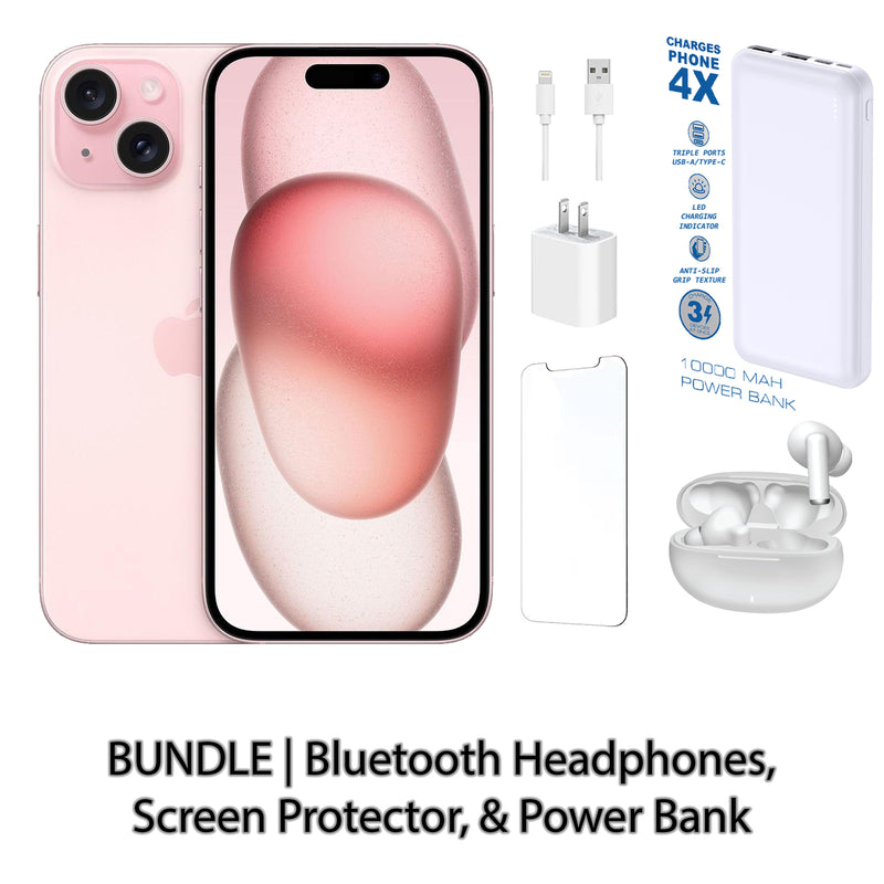 Restored Apple iPhone 15 Fully Unlocked Bundle with 10,000 mAh Powerbank & Bluetooth Headphones (Refurbished)