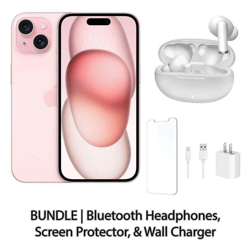 Restored Apple iPhone 15 Fully Unlocked Bundle: Bluetooth Headphones, Screen Protector, & Wall Charger (Refurbished)