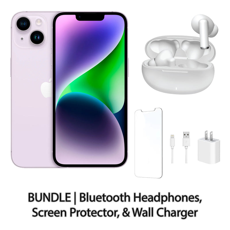 Restored Apple iPhone 14 Fully Unlocked Bundle: Bluetooth Headphones, Screen Protector, & Wall Charger (Refurbished)