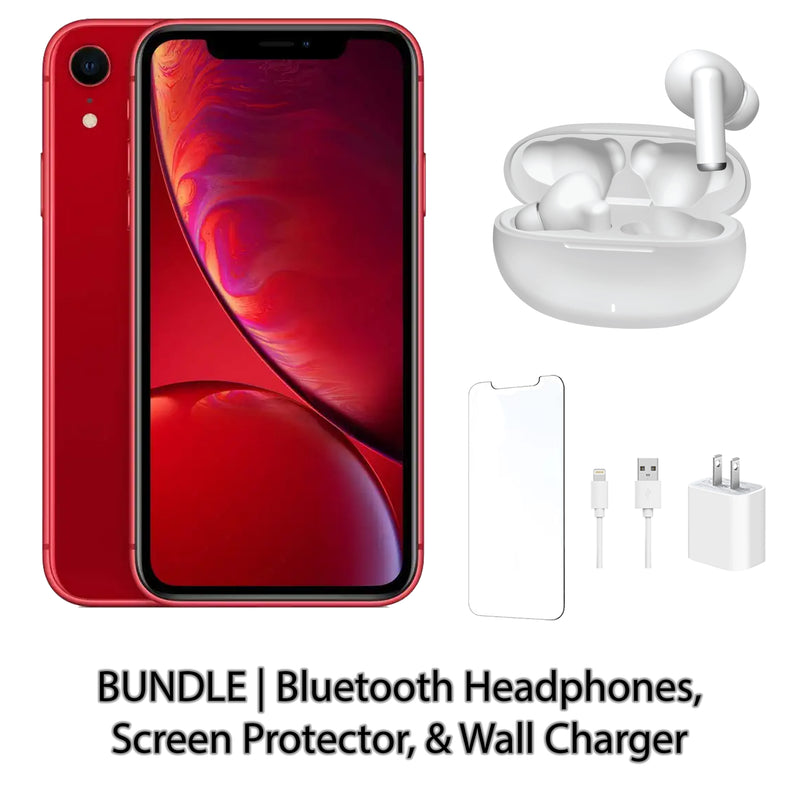 Restored Apple iPhone XR Fully Unlocked Bundle: Bluetooth Headphones, Screen Protector, & Wall Charger (Refurbished)