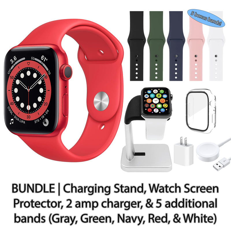 Restored Apple Watch Series 6 (GPS) Bundle 5 Bonus Bands, Charging Stand, Screen Protector, & 2 amp charger (Refurbished)