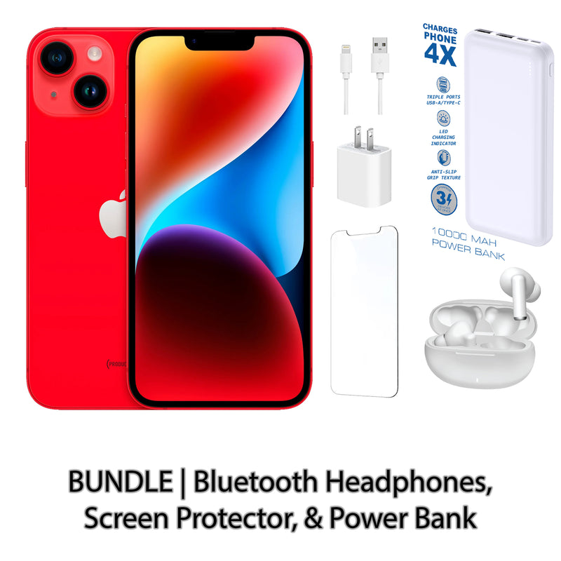Restored Apple iPhone 14 Fully Unlocked Bundle with 10,000 mAh Powerbank & Bluetooth Headphones (Refurbished)