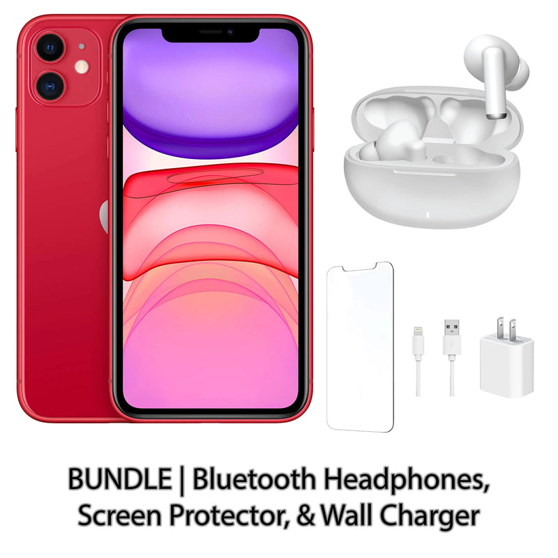 Restored Apple iPhone 11 Fully Unlocked Bundle: Bluetooth Headphones, Screen Protector, & Wall Charger (Refurbished)