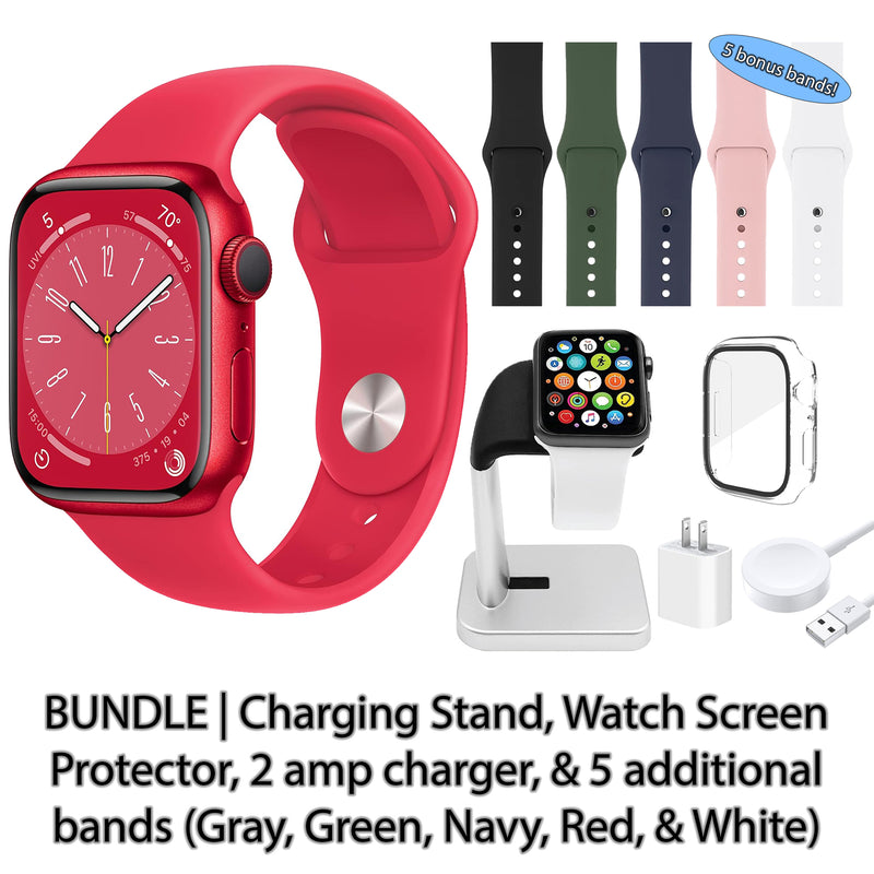 Restored Apple Watch Series 8 (GPS + Cellular) Bundle 5 Bonus Bands, Charging Stand, Screen Protector, & 2 amp charger (Refurbished)