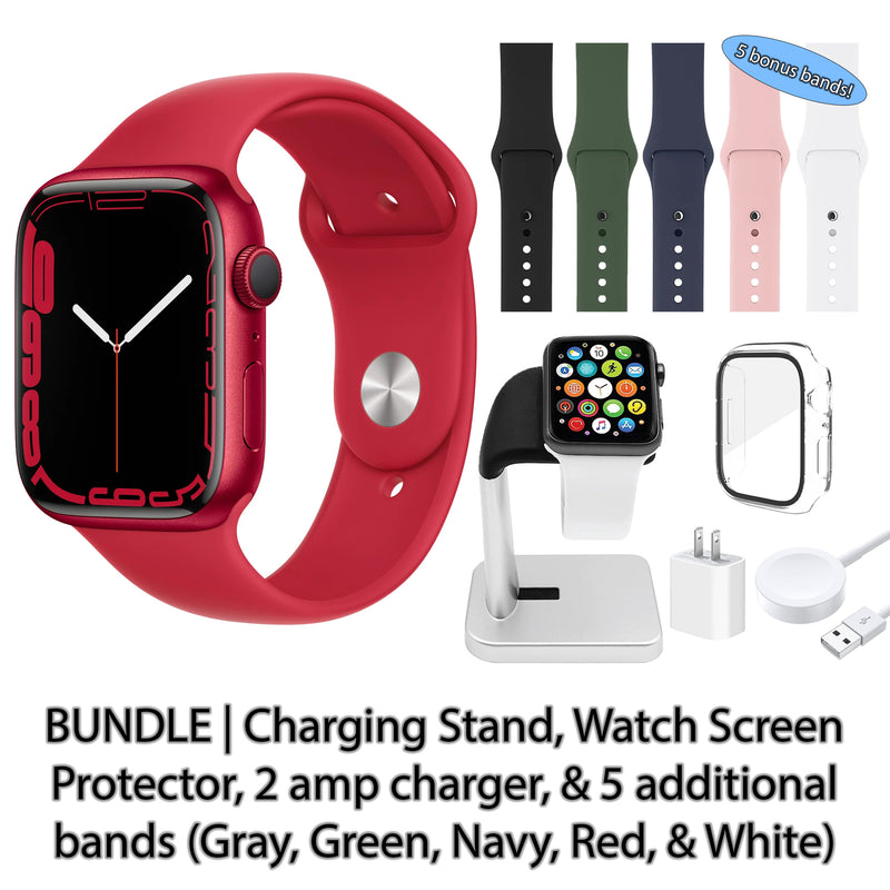 Restored Apple Watch Series 7 (GPS) Bundle 5 Bonus Bands, Charging Stand, Screen Protector, & 2 amp charger (Refurbished)