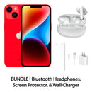 Restored Apple iPhone 14 Fully Unlocked Bundle: Bluetooth Headphones, Screen Protector, & Wall Charger (Refurbished)