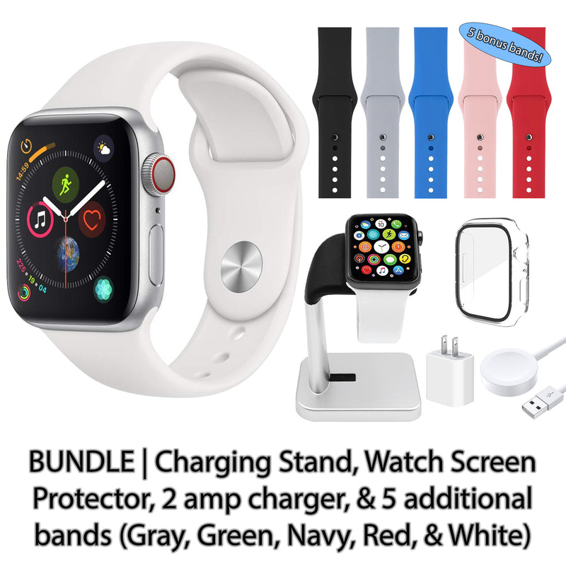 Restored Apple Watch Series 4 (GPS) Bundle 5 Bonus Bands, Charging Stand, Screen Protector, & 2 amp charger (Refurbished)