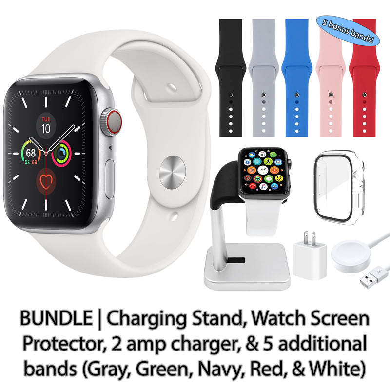 Restored Apple Watch Series 5 (GPS) Bundle 5 Bonus Bands, Charging Stand, Screen Protector, & 2 amp charger (Refurbished)