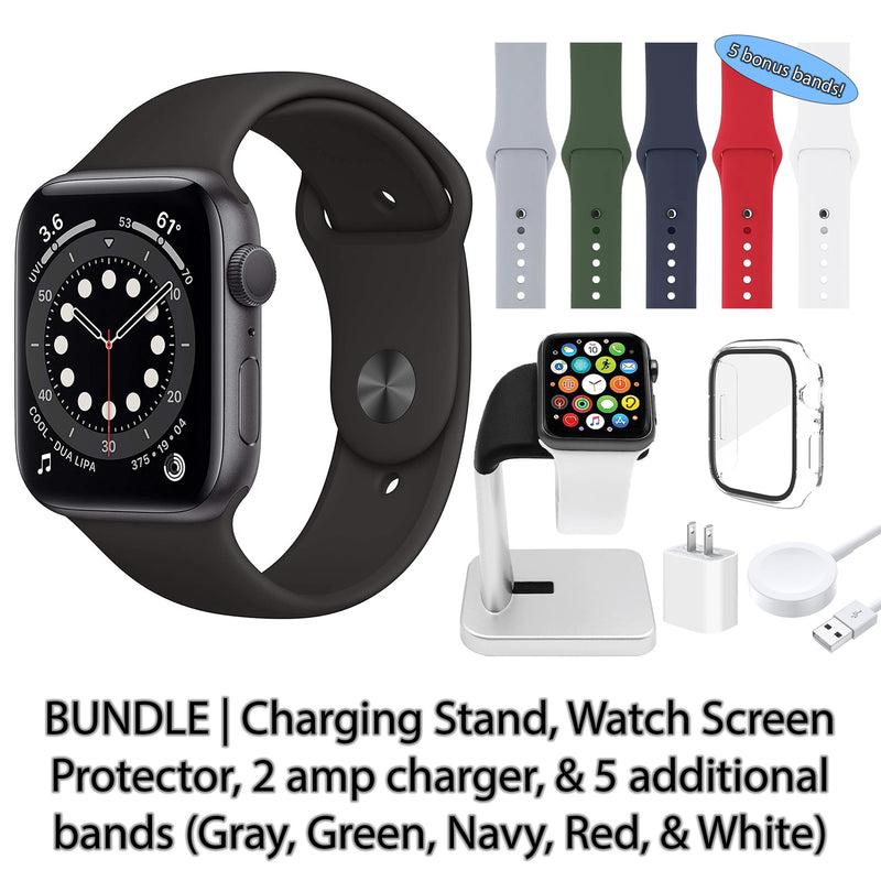 Restored Apple Watch Series 6 (GPS) Bundle 5 Bonus Bands, Charging Stand, Screen Protector, & 2 amp charger (Refurbished)