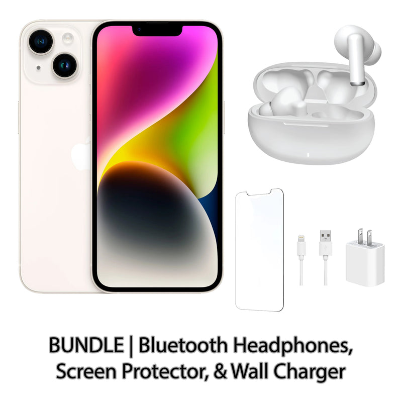 Restored Apple iPhone 14 Fully Unlocked Bundle: Bluetooth Headphones, Screen Protector, & Wall Charger (Refurbished)