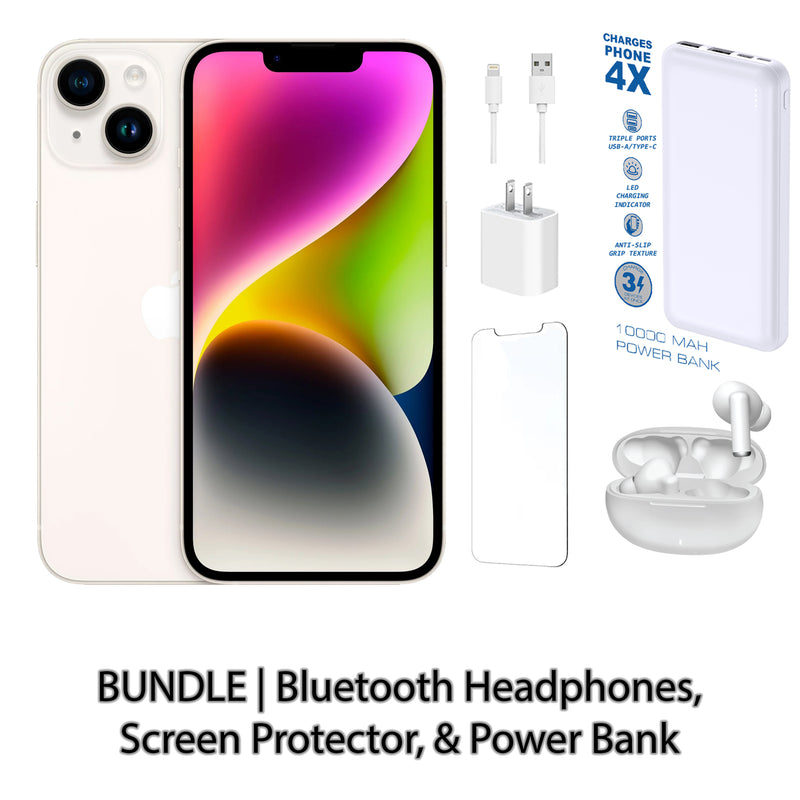 Restored Apple iPhone 14 Fully Unlocked Bundle with 10,000 mAh Powerbank & Bluetooth Headphones (Refurbished)