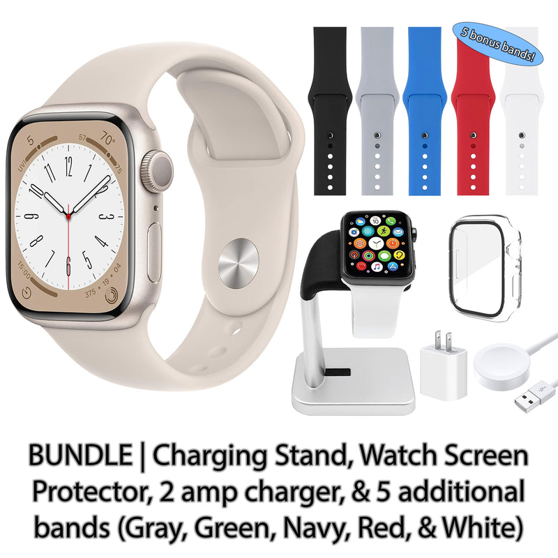 Restored Apple Watch Series 8 (GPS + Cellular) Bundle 5 Bonus Bands, Charging Stand, Screen Protector, & 2 amp charger (Refurbished)
