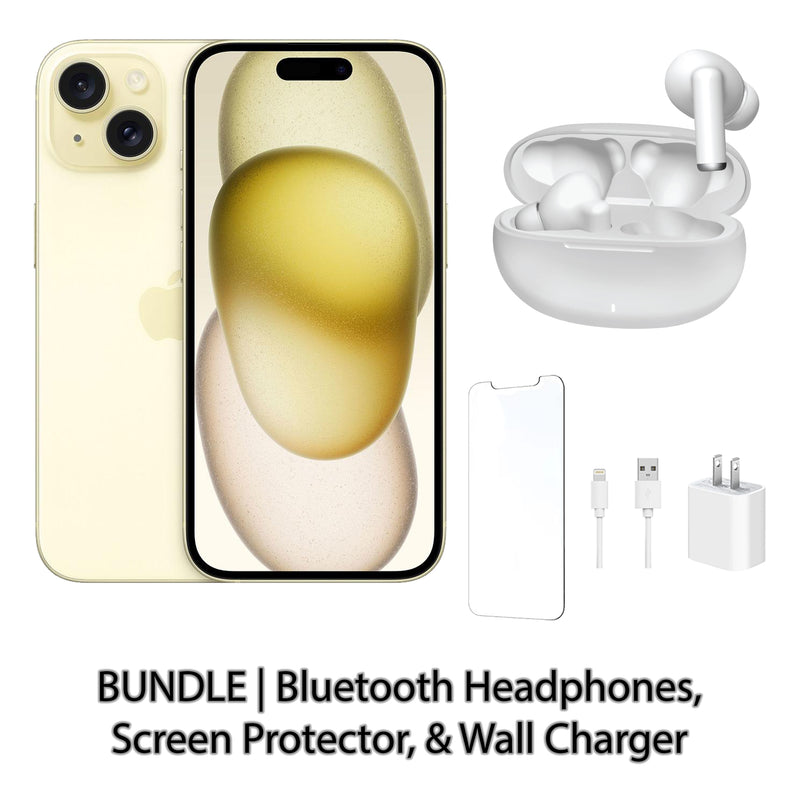 Restored Apple iPhone 15 Fully Unlocked Bundle: Bluetooth Headphones, Screen Protector, & Wall Charger (Refurbished)