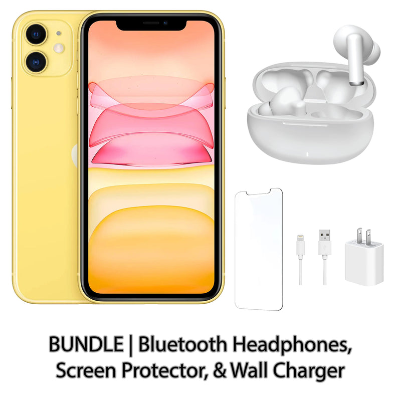 Restored Apple iPhone 11 Fully Unlocked Bundle: Bluetooth Headphones, Screen Protector, & Wall Charger (Refurbished)