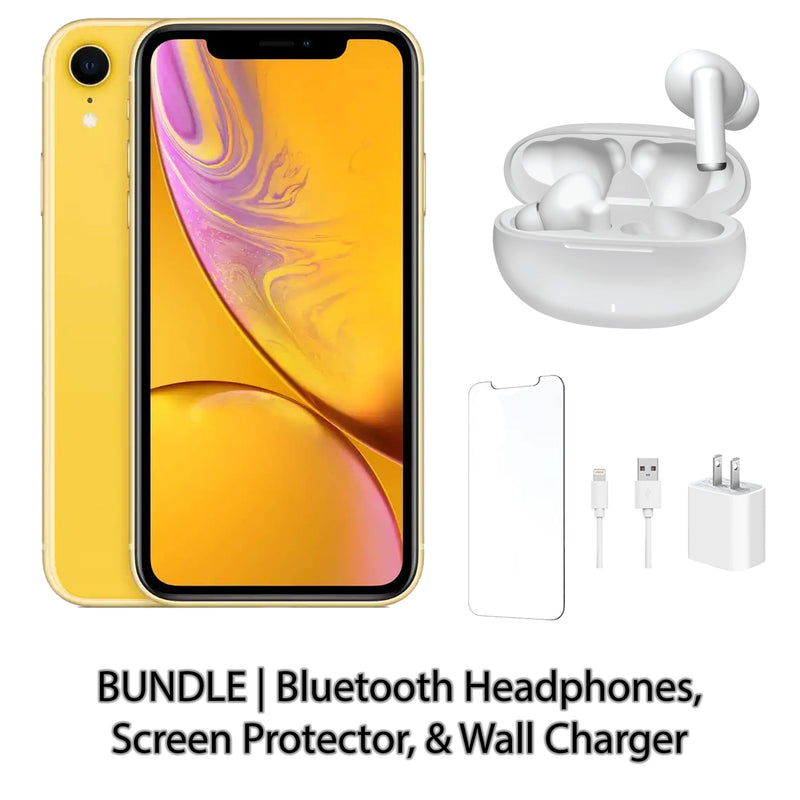 Restored Apple iPhone XR Fully Unlocked Bundle: Bluetooth Headphones, Screen Protector, & Wall Charger (Refurbished)