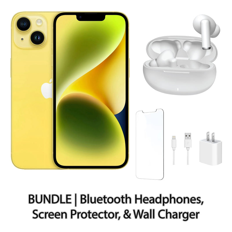 Restored Apple iPhone 14 Fully Unlocked Bundle: Bluetooth Headphones, Screen Protector, & Wall Charger (Refurbished)