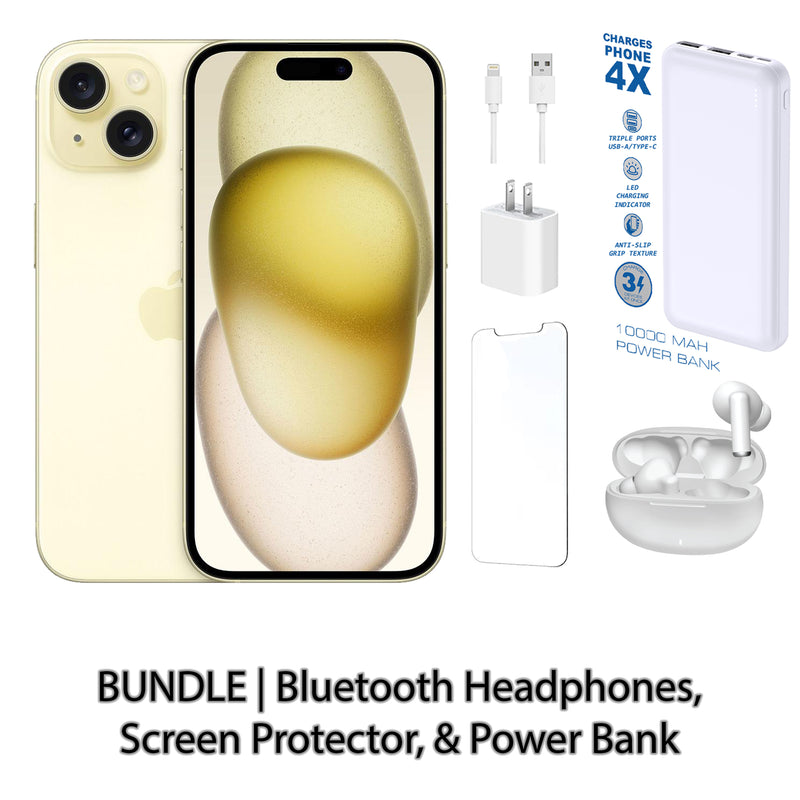 Restored Apple iPhone 15 Fully Unlocked Bundle with 10,000 mAh Powerbank & Bluetooth Headphones (Refurbished)