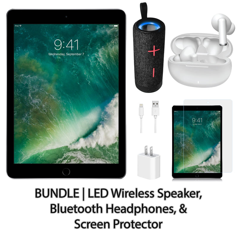 Restored Apple iPad 5 9.7" 32GB Space Gray (Wifi) Bundle: LED Wireless Speaker, Bluetooth Headphones, & Screen Protector (Refurbished)