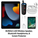 Restored Apple iPad 9 10.2" 64GB Space Gray (Wifi) Bundle: LED Wireless Speaker, Bluetooth Headphones, & Screen Protector (Refurbished)